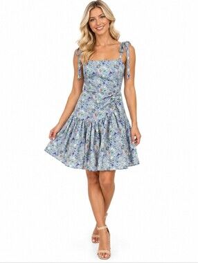 Mable The Refinery Abby Blue Floral Mini Dress Size Small Bows Flare Feminine